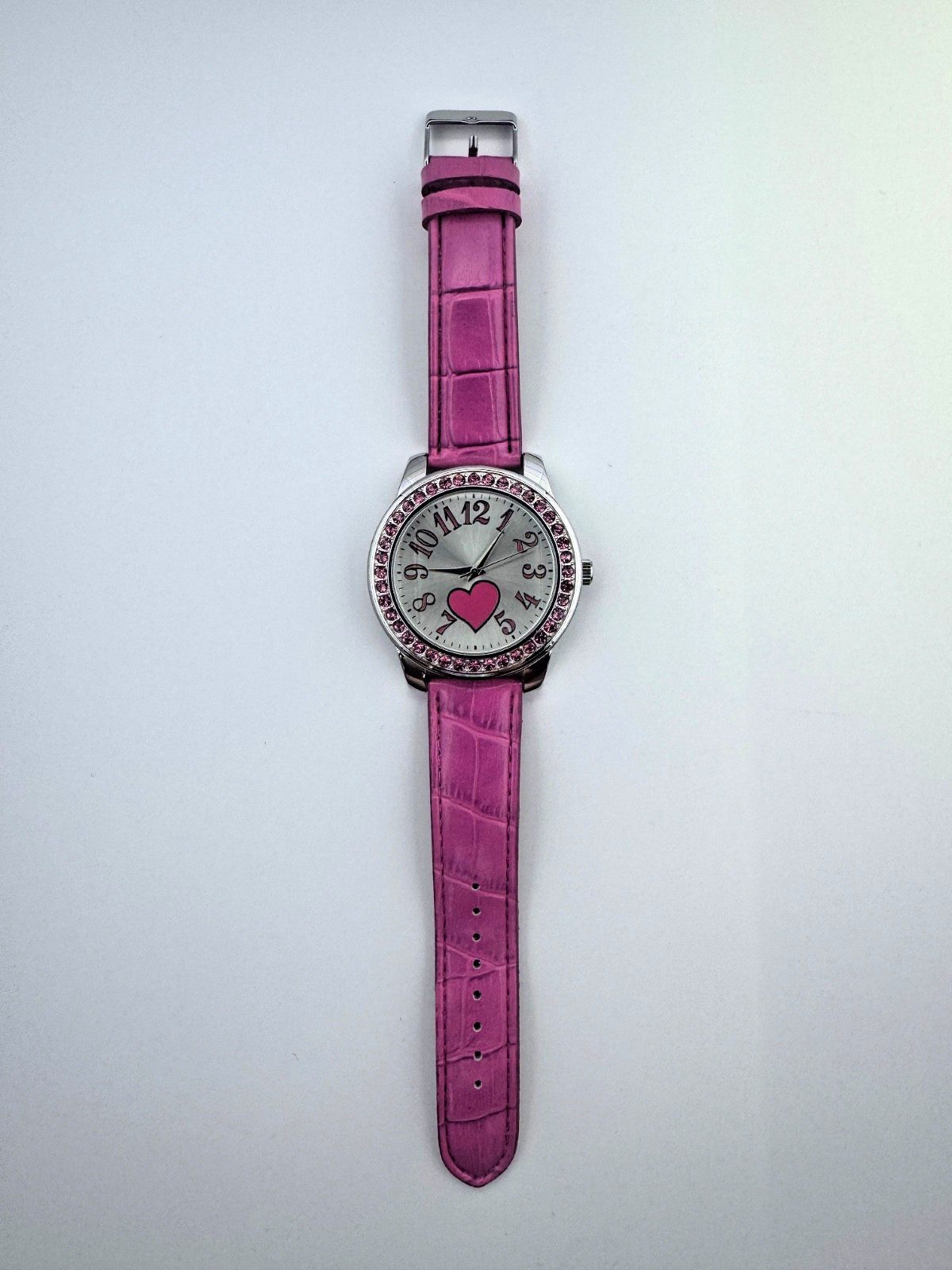 Women’s Pink Heart Quartz Analog Watch Rhinestone Bezel Pink Faux Leather Band