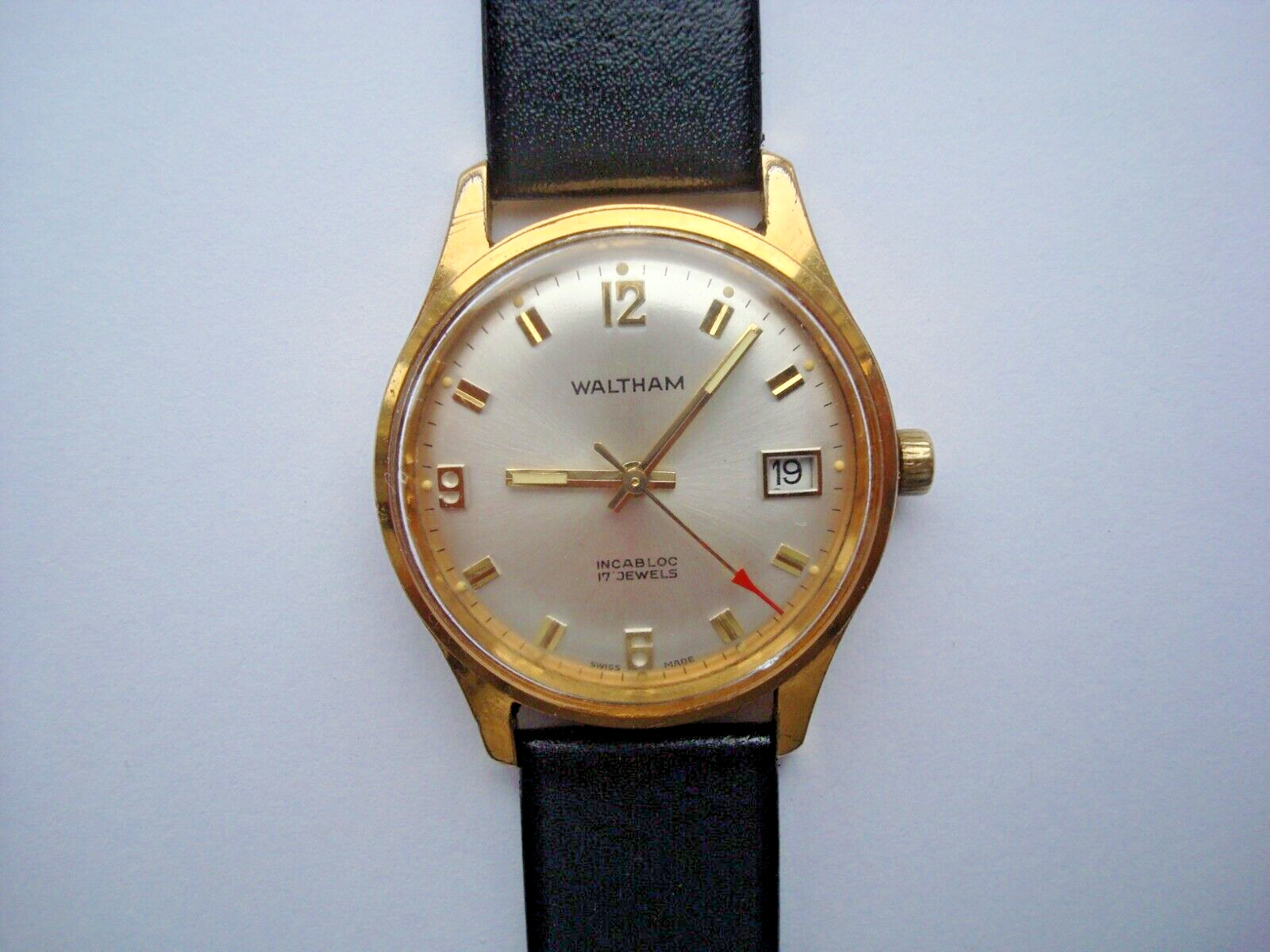 Waltham Mens Watch Manual Wind Up 17j. Date Red Arrow New Band 1960’s Swiss Runs