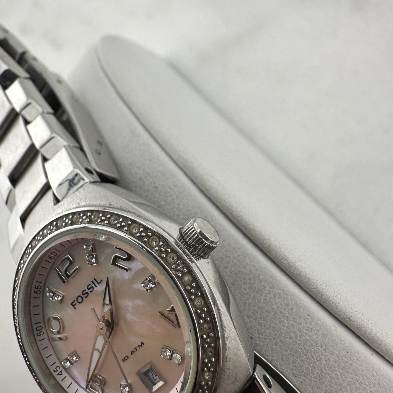 Fossil Flash Watch Women 28mm Silver Tone Date Bling MOP Dial New Battery Sz 6”