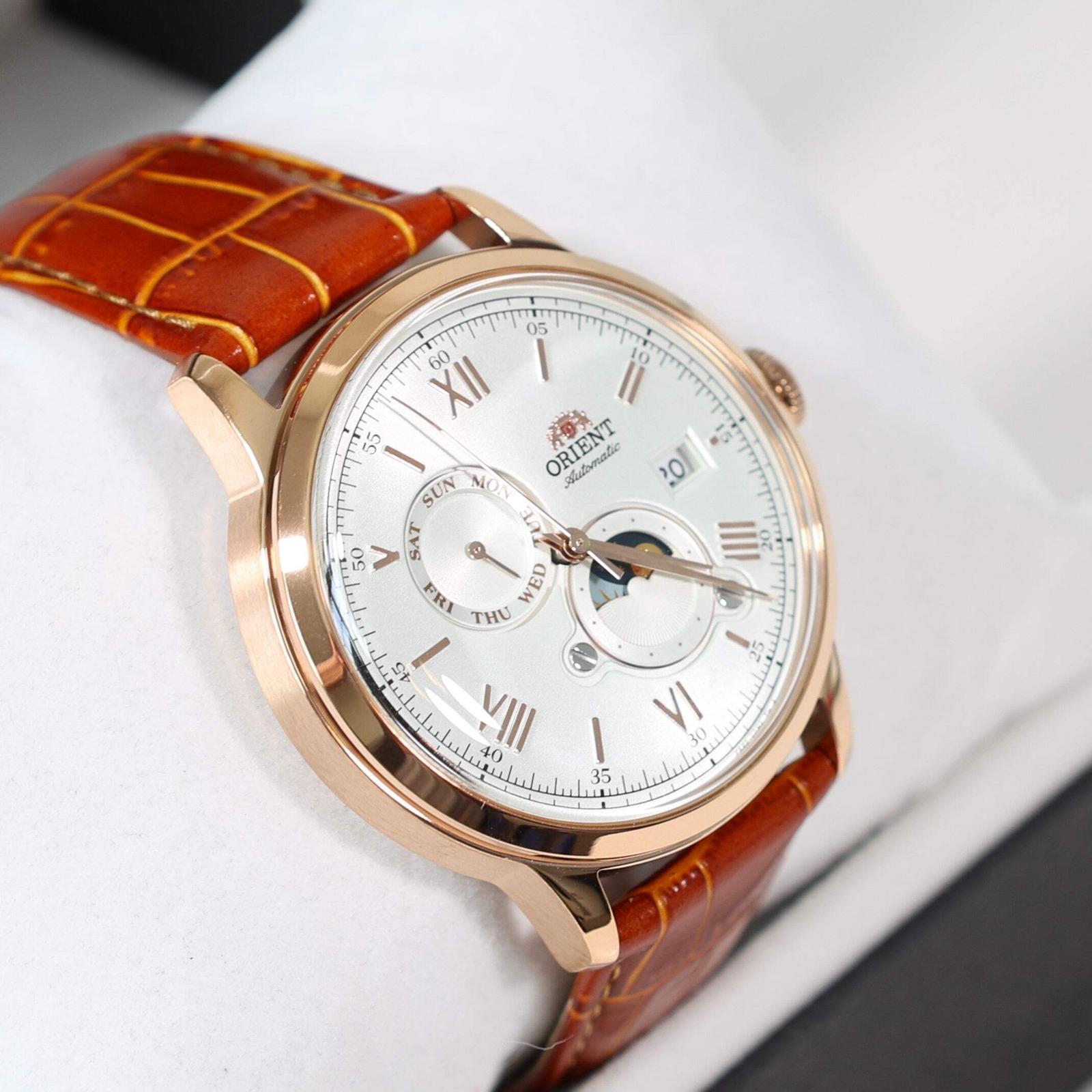 Orient Sun and Moon White Dial Men’s Automatic Rose Gold Tone Watch RA-AK0801S30