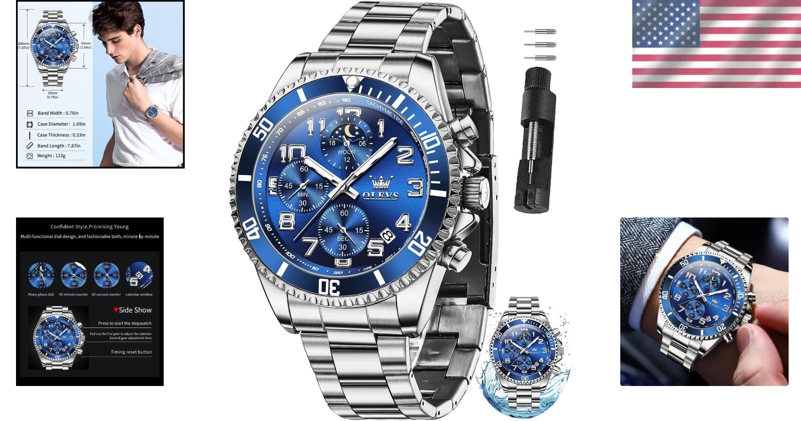 Luxury Stainless Steel Men’s Watch – 43mm Big Face, Luminous and Date Display