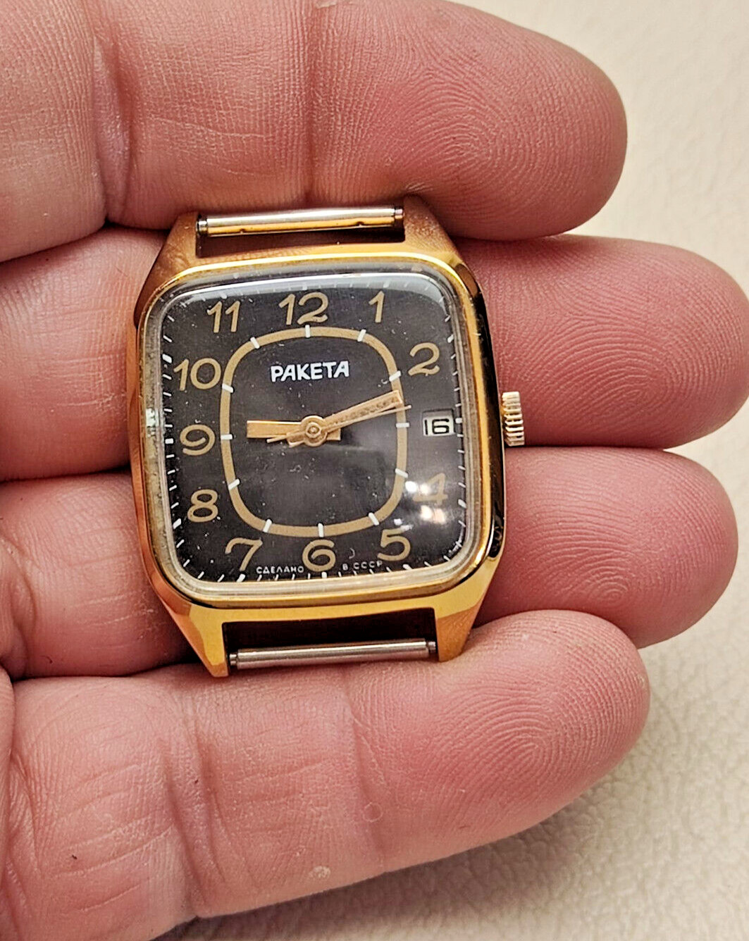 Vintage ROCKET gold-plated USSR Raketa 2614.H Nice Black Dial Wristwatch 19J