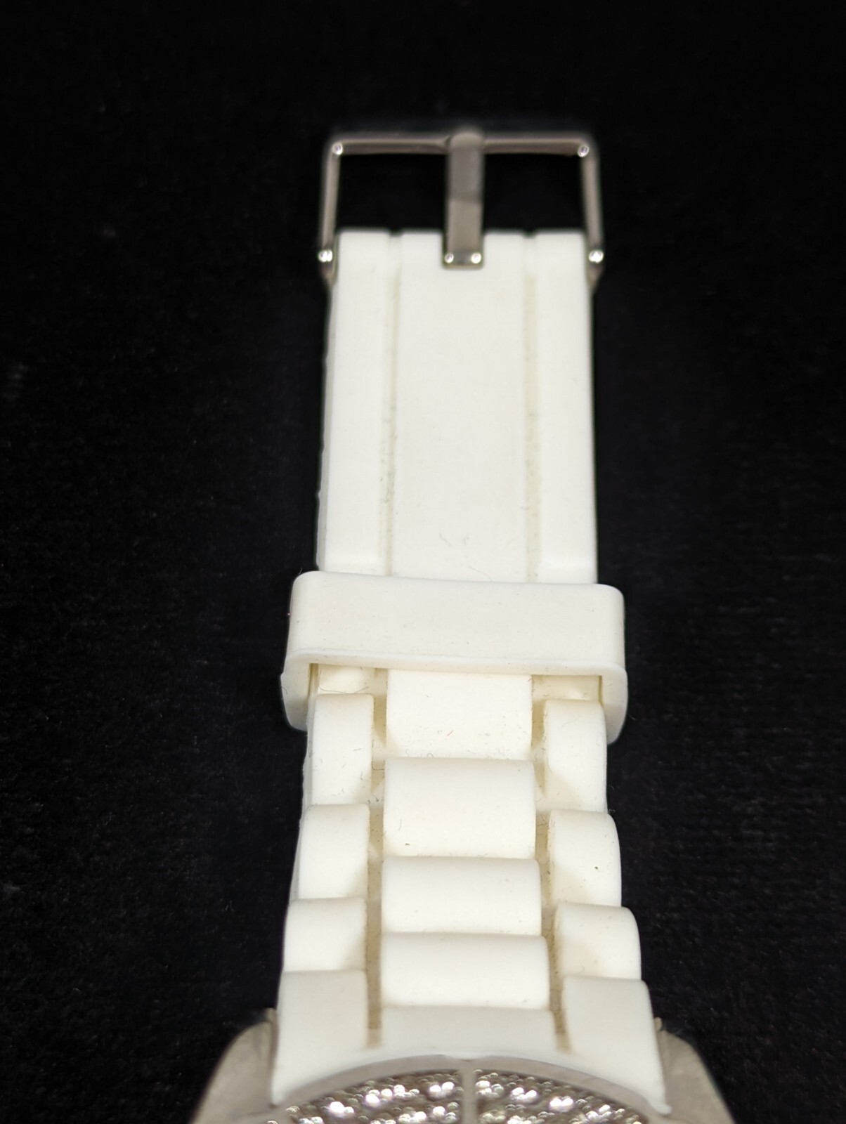 Maurices Womans Silver Tone Dial Crystal Accent White Silicone Band Watch 8.5 in