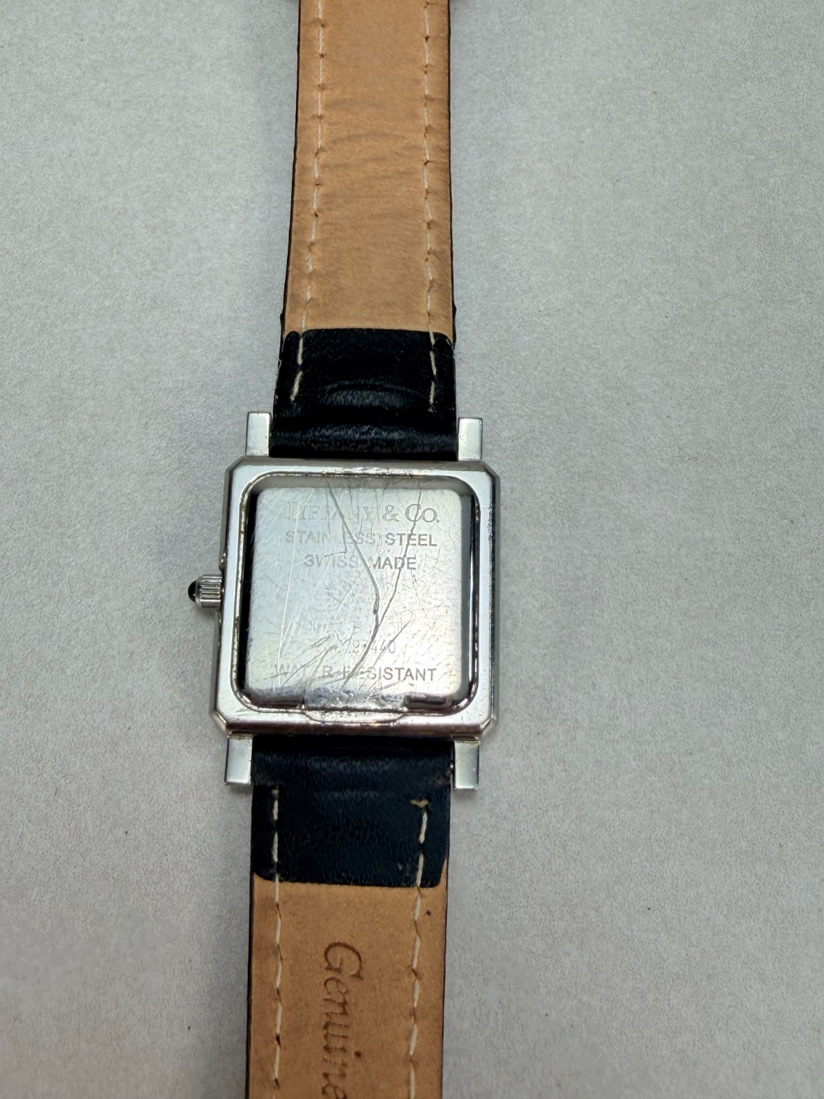 Tiffany & Co Swiss Made Tank Watch Stainless Steel Quartz Leather Strap Working