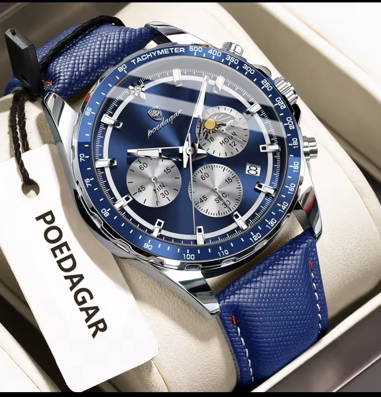 POEDAGAR Men’s Chronograph Quartz Watch Tachymeter 3ATM Blue Dial Leather