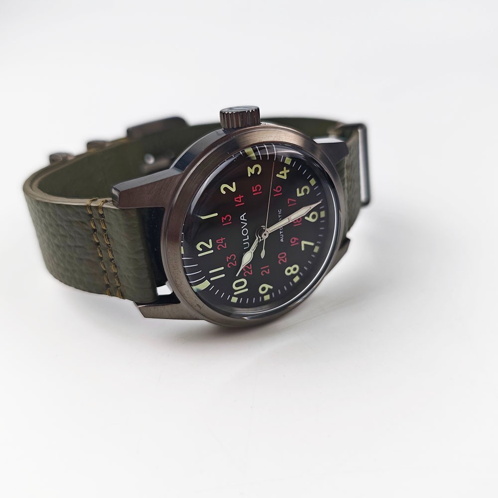 Bulova Hack 98A255 Black Dial Green Leather Strap Automatic Men’s 38MM Watch NEW