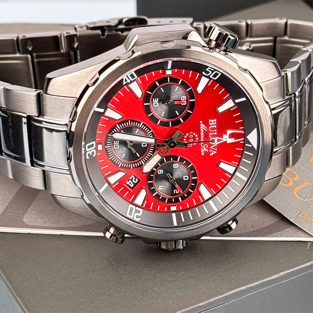 Men’s Bulova 98B350 Marine Star Chronograph Red Dial Quartz Watch 43mm