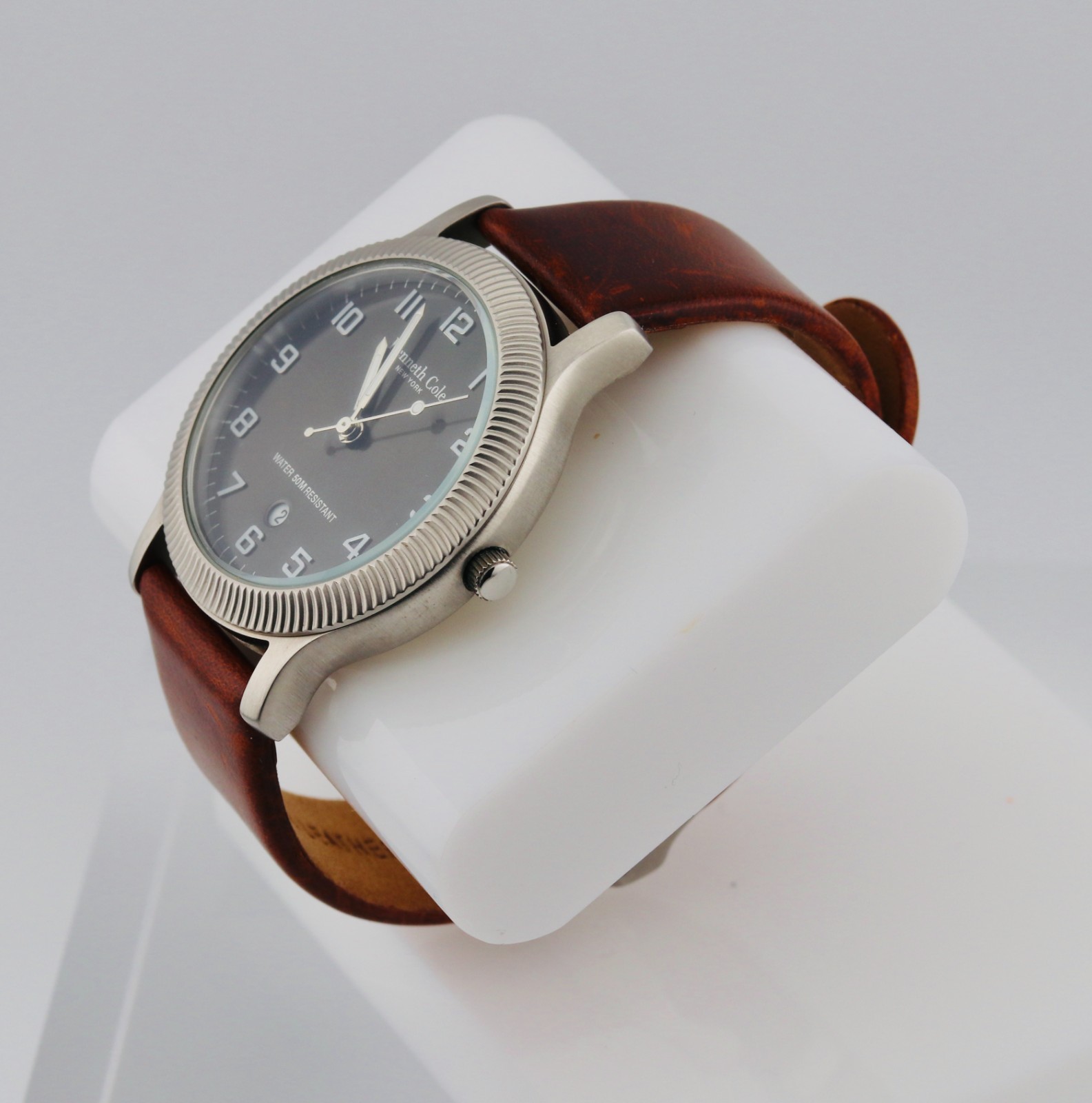 Kenneth Cole Gray Dial Brown Leather Men’s Watch Silver Case (143)
