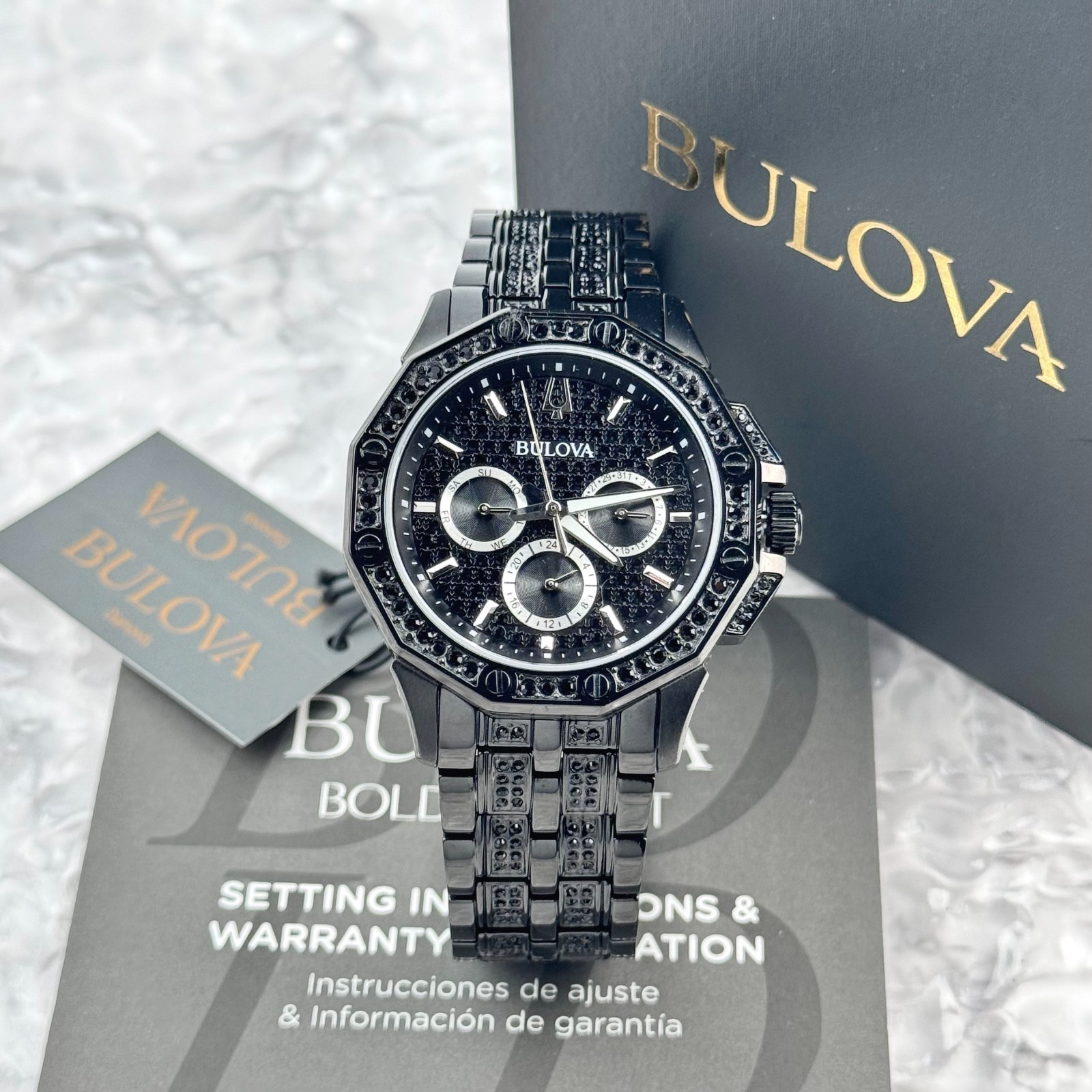 Bulova Octava Crystal Black Pave Dial Stainless Steel Quartz Men’s Watch 98C134