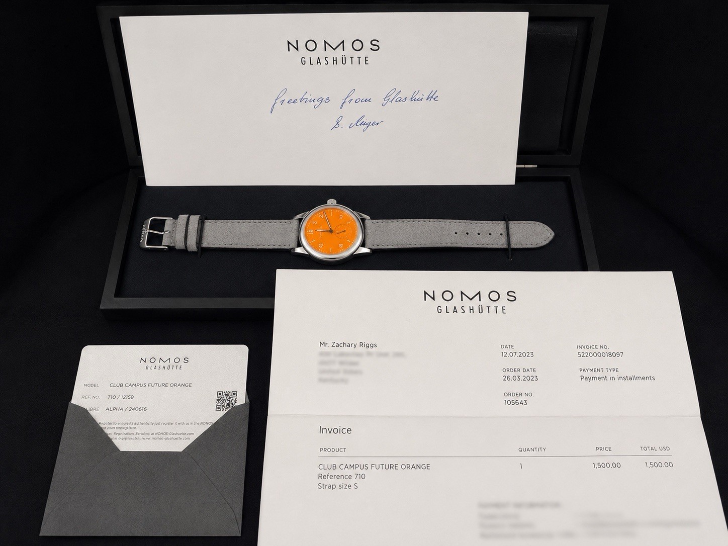 NOMOS Club Campus 36 Future Orange Ref. 710 Full Set + Extra Strap. Box Papers