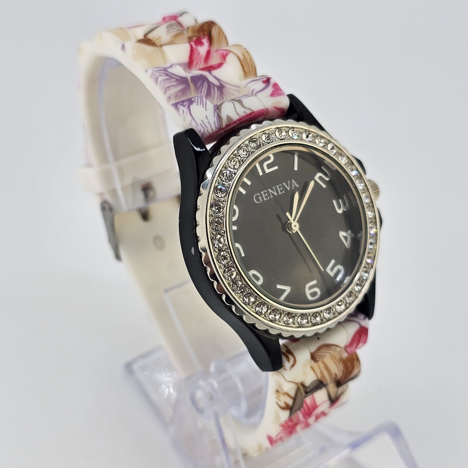 38mm Women’s Watch Black Dial Flowers Multicolor Plastic Bands NEW Battery