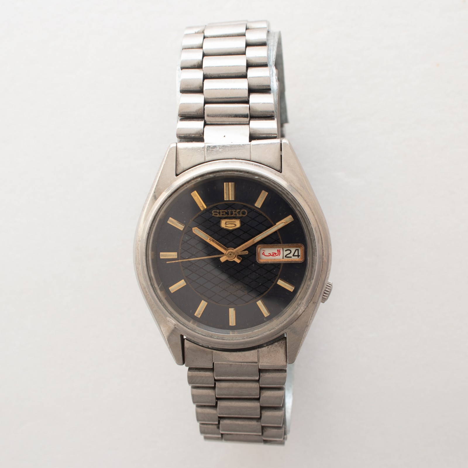Vintage Seiko 5 Automatic Dark Blue Honeycomb Dial Gold Accents 7S26A Men Watch