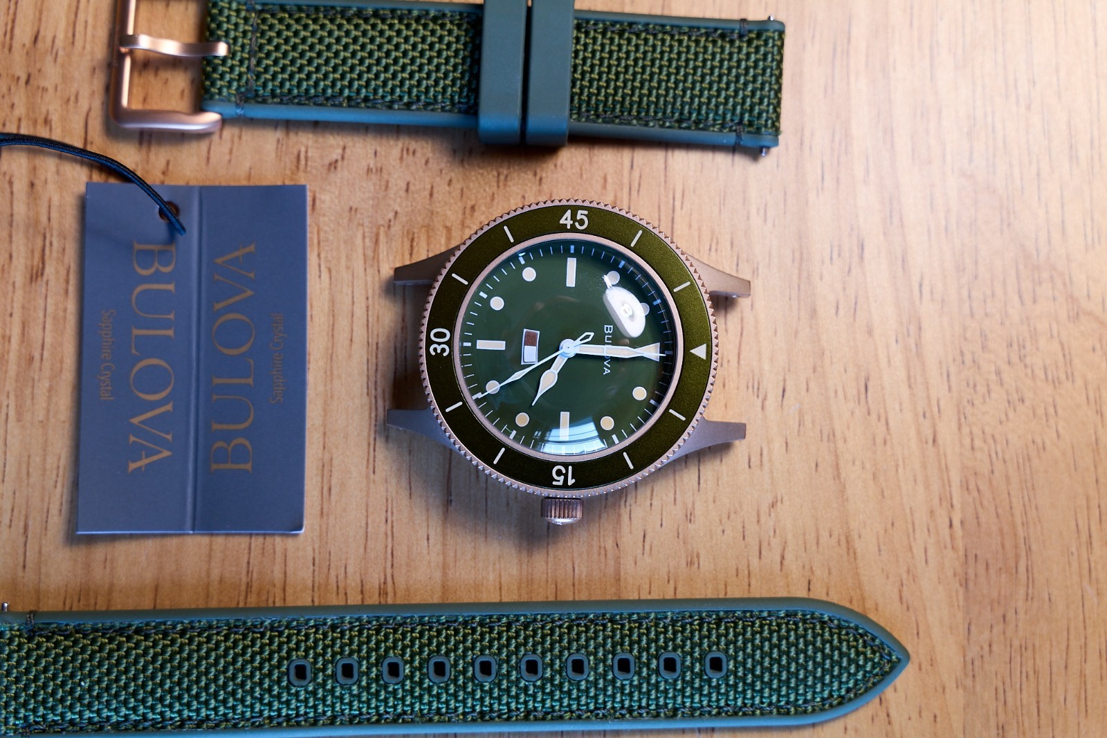 Bulova 98A324 MIL-SHIPS Bronze Auto 150th Anniversary Green Dial Sapphire 200MWR