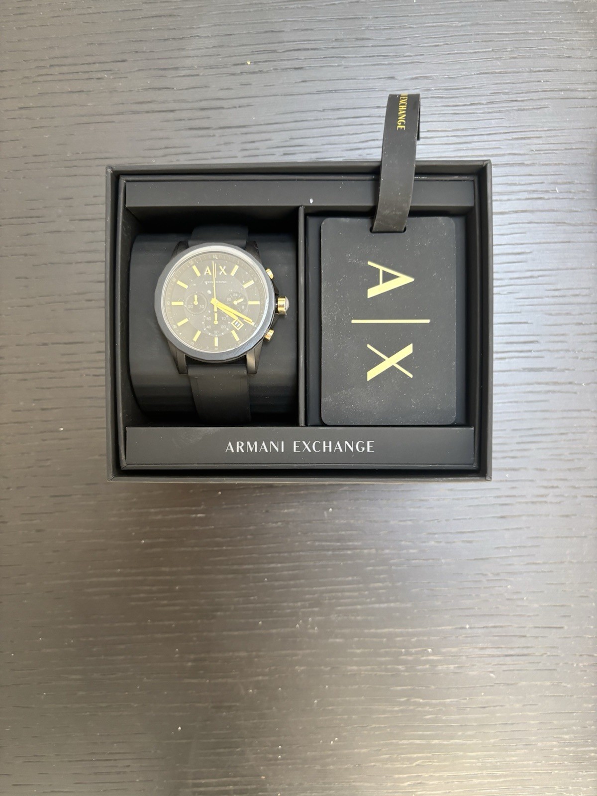 Armani Exchange Men’s Watch Outerbanks Chrono Silicone Black/Gold, AX7105, New