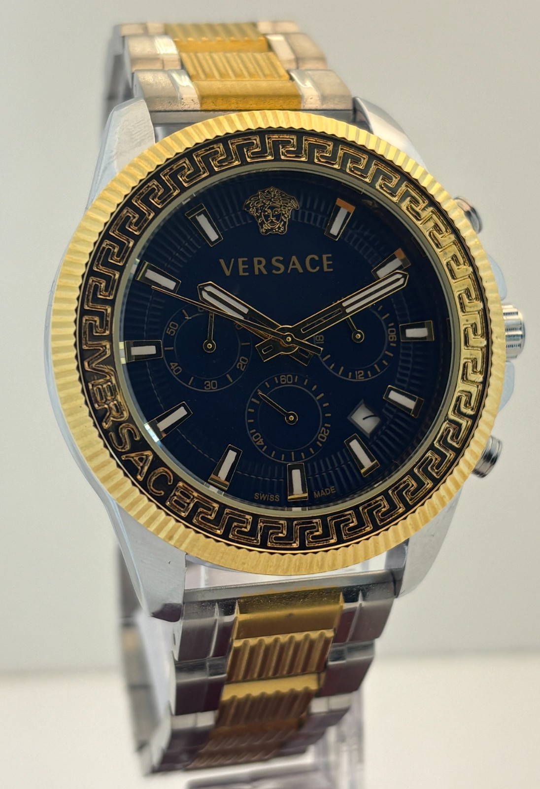 Refurbished Versace Greca Action Chrono Quartz Black Dial Two-Tone Wristwatch