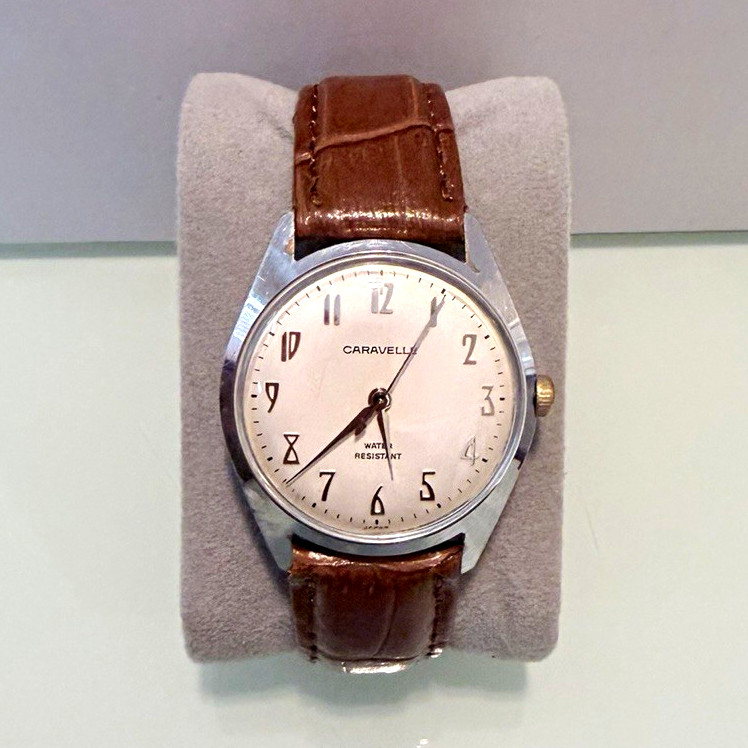 Caravelle Vintage Manual Wind Dress Watch 34mm Silver Dial Brown Leather