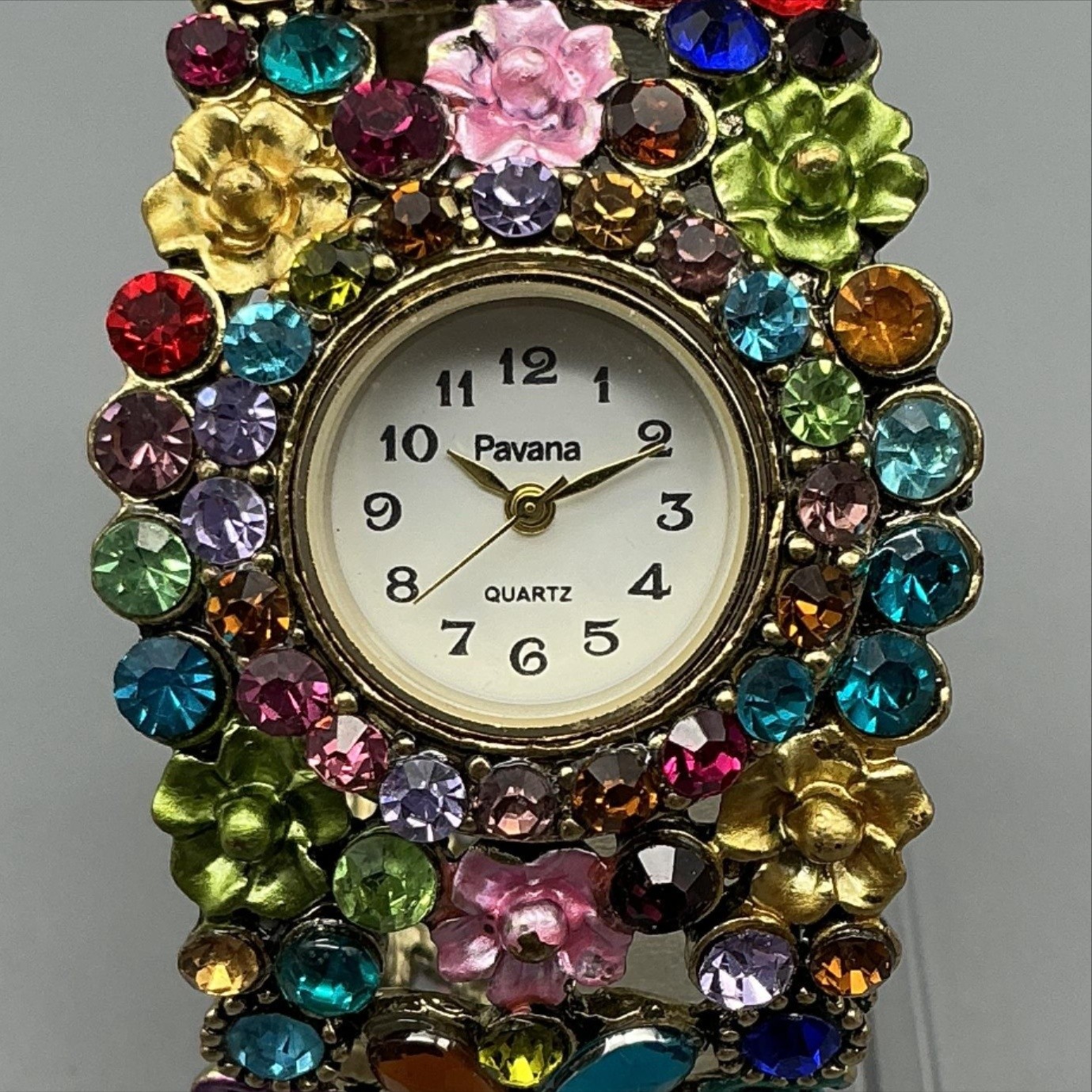 Pavana Womens Watch 28mm Multicolor Crystal Floral Bangle Cuff New Battery