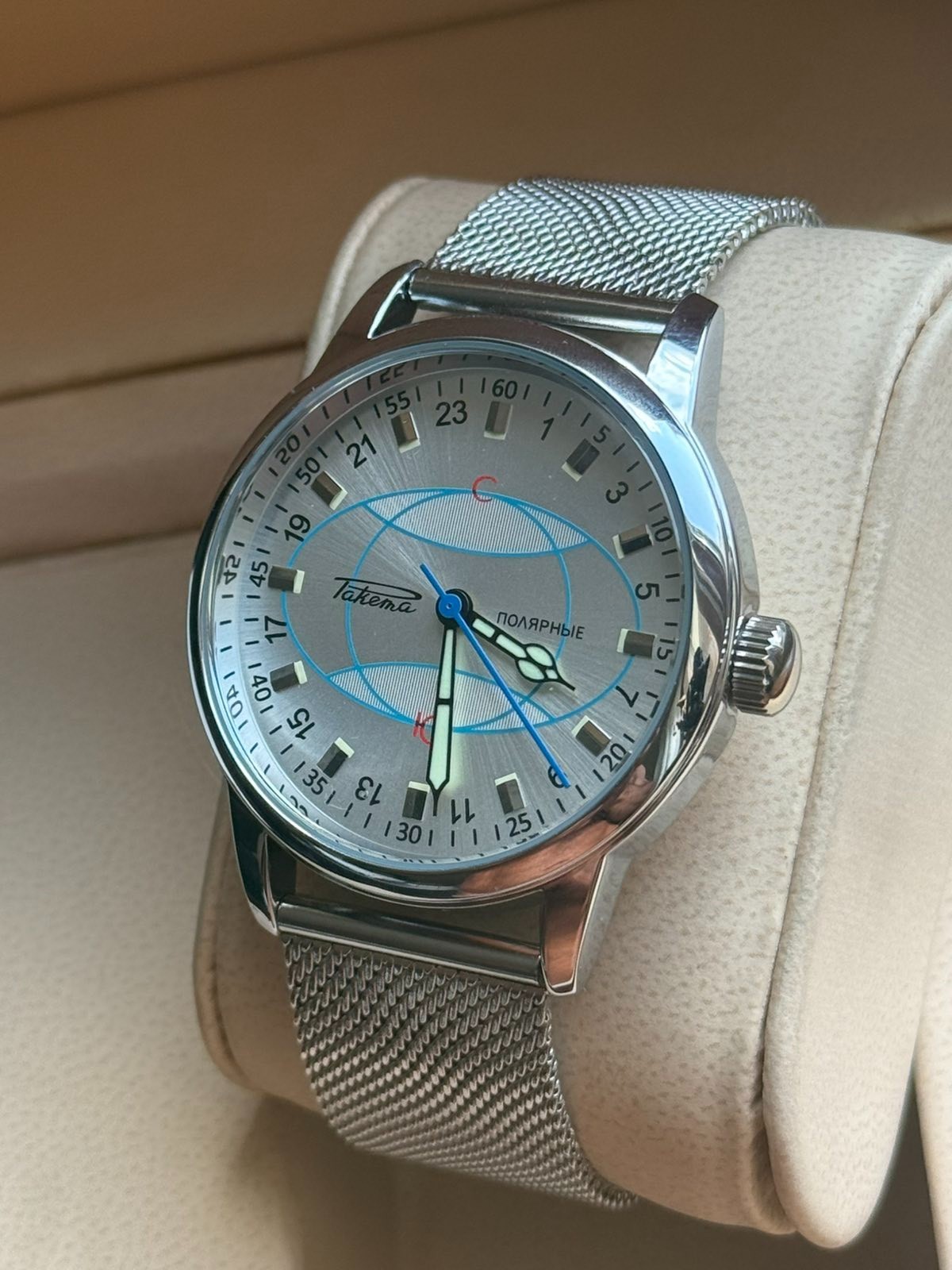 Watch 24h Mechanical Raketa Wrist Men Soviet USSR Polar Day Russian Rare Silver
