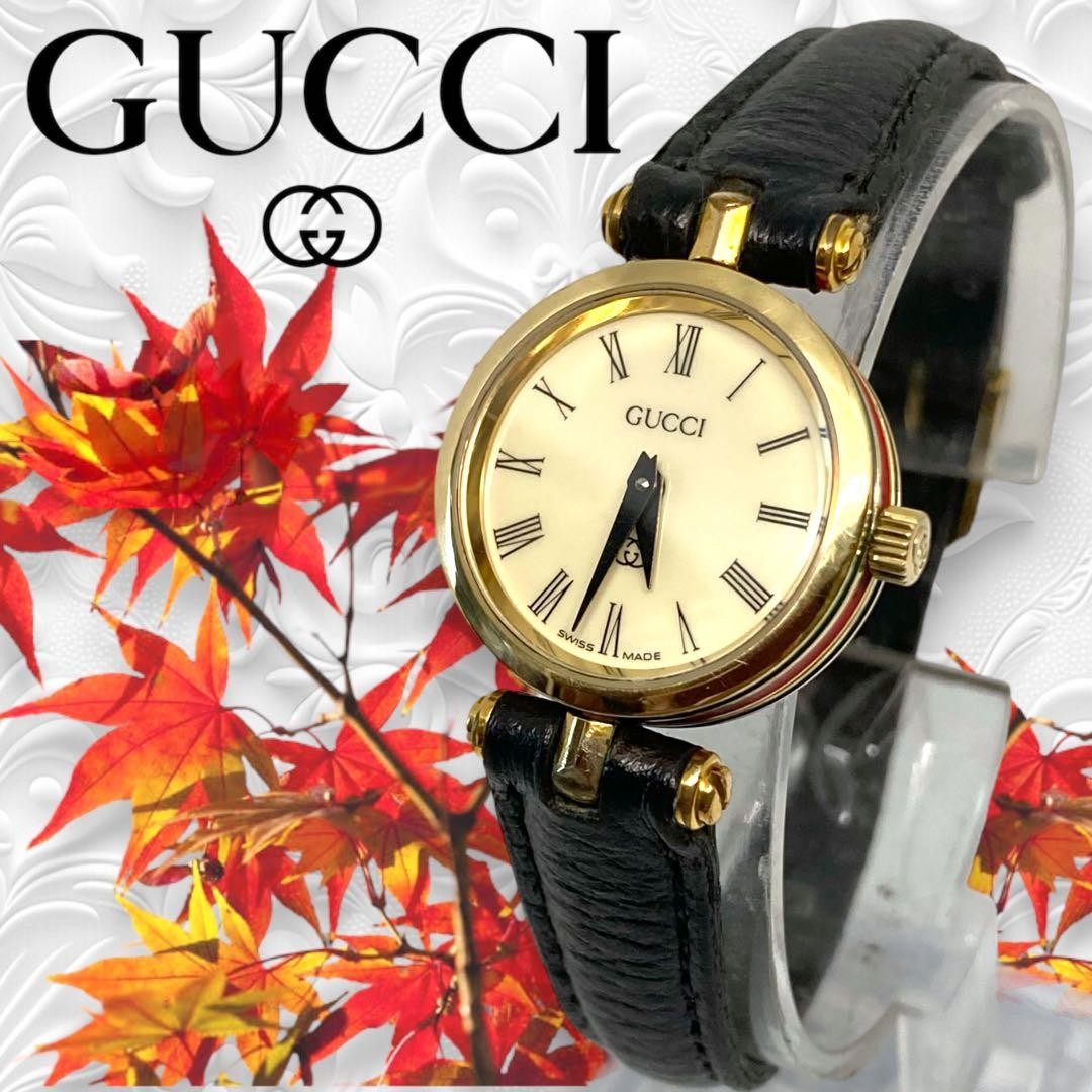 Gucci Sherry Line Gold Round Ladies Watch Ivory Dial Quartz Roman Black Leather