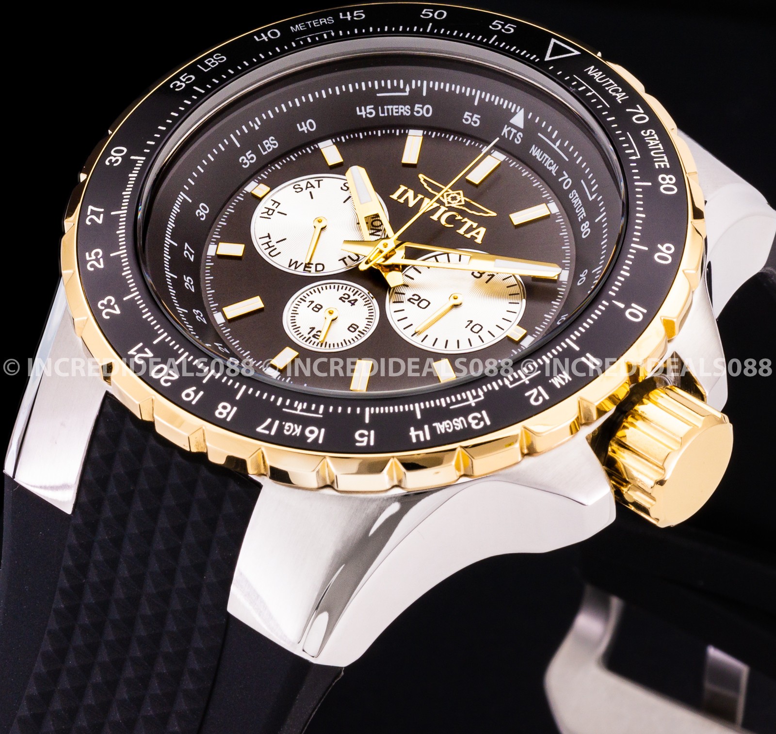 Invicta Men AVIATOR Silver 18 Gold Bezel Black Dial Strap Multi Function Watch