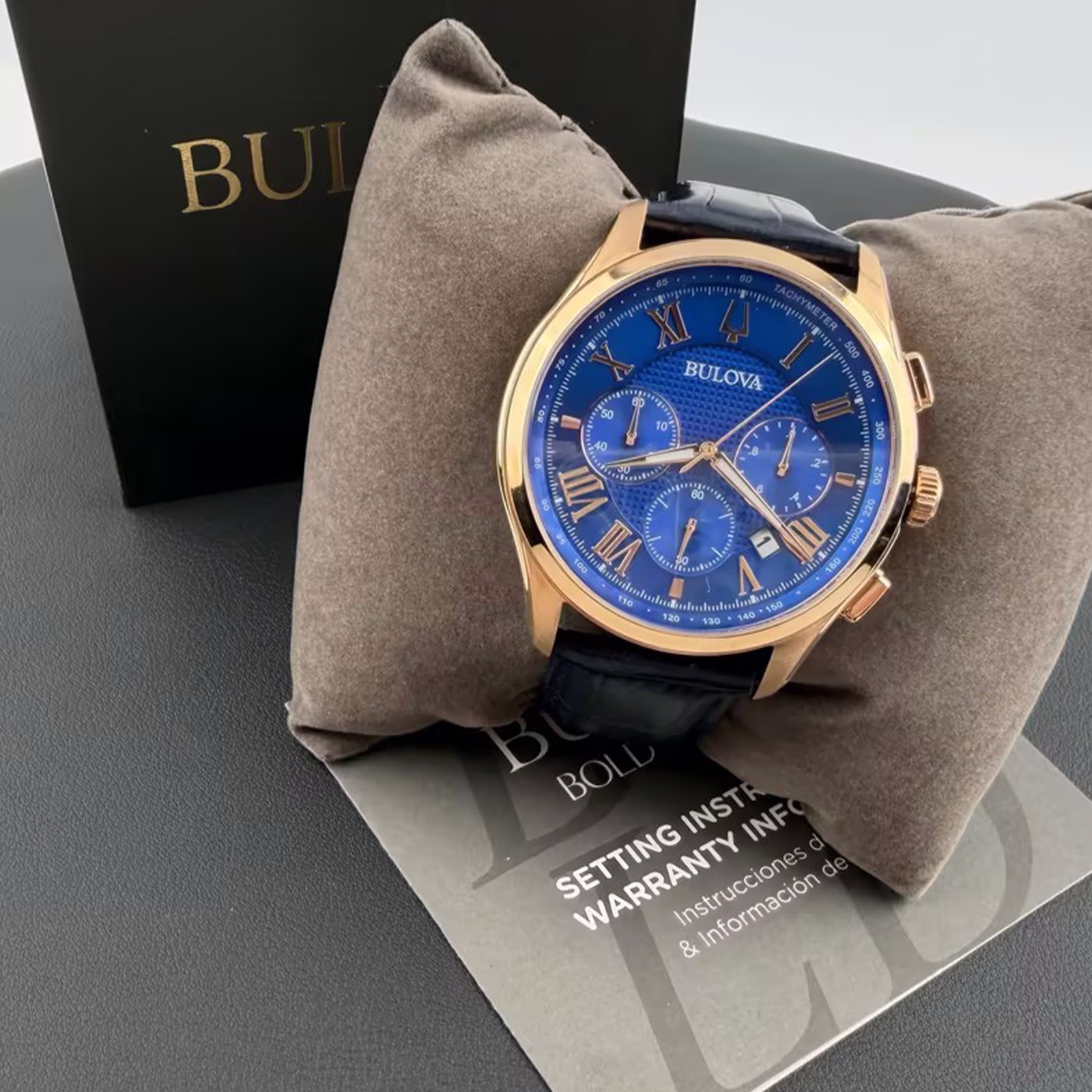 Men’s Bulova Wilton Blue Dial Leather Chronograph 97B170 Quartz New Watch 46.5mm