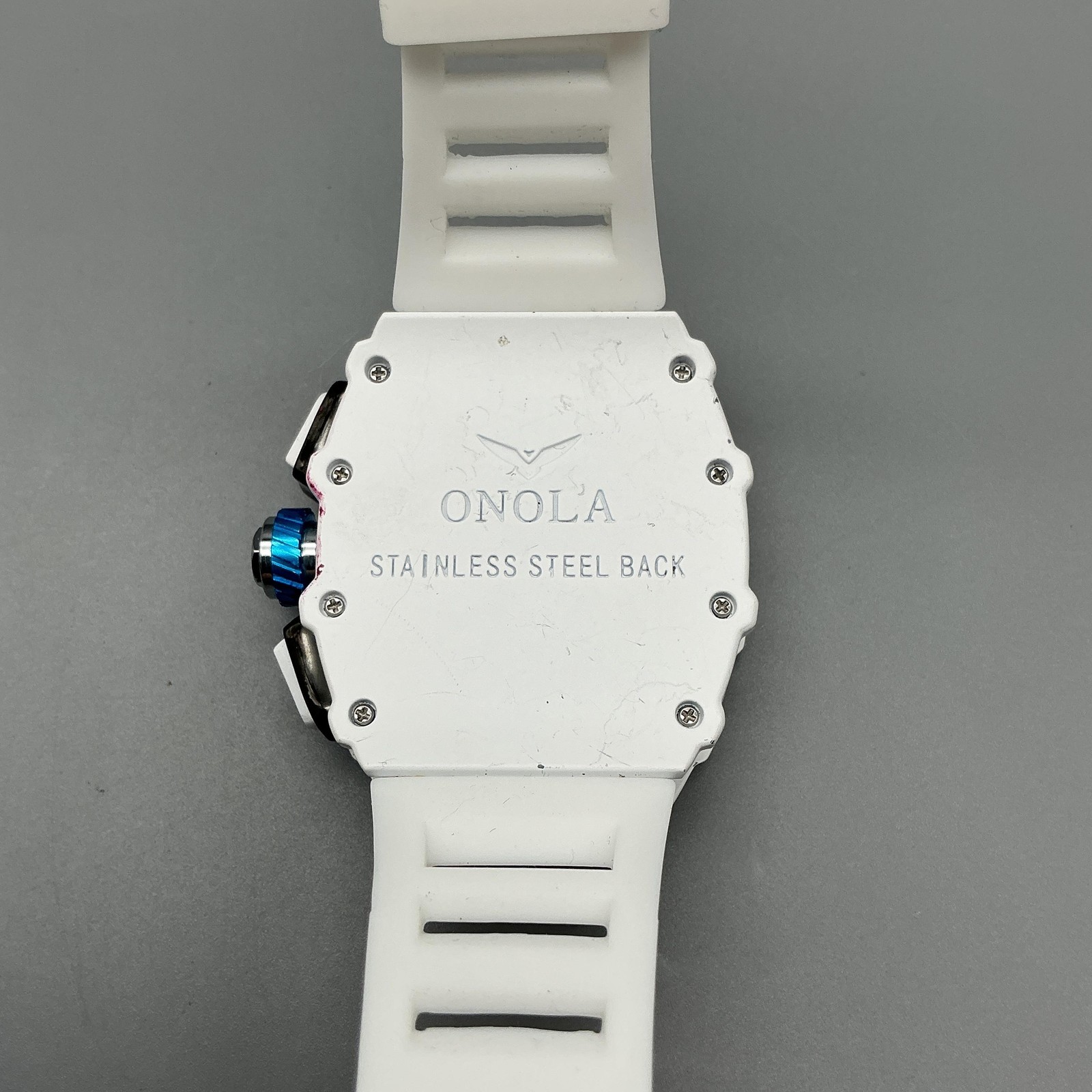 ONOLA Skeleton Mens Watch 44mm White Multicolor Tonneau Silicone New Battery