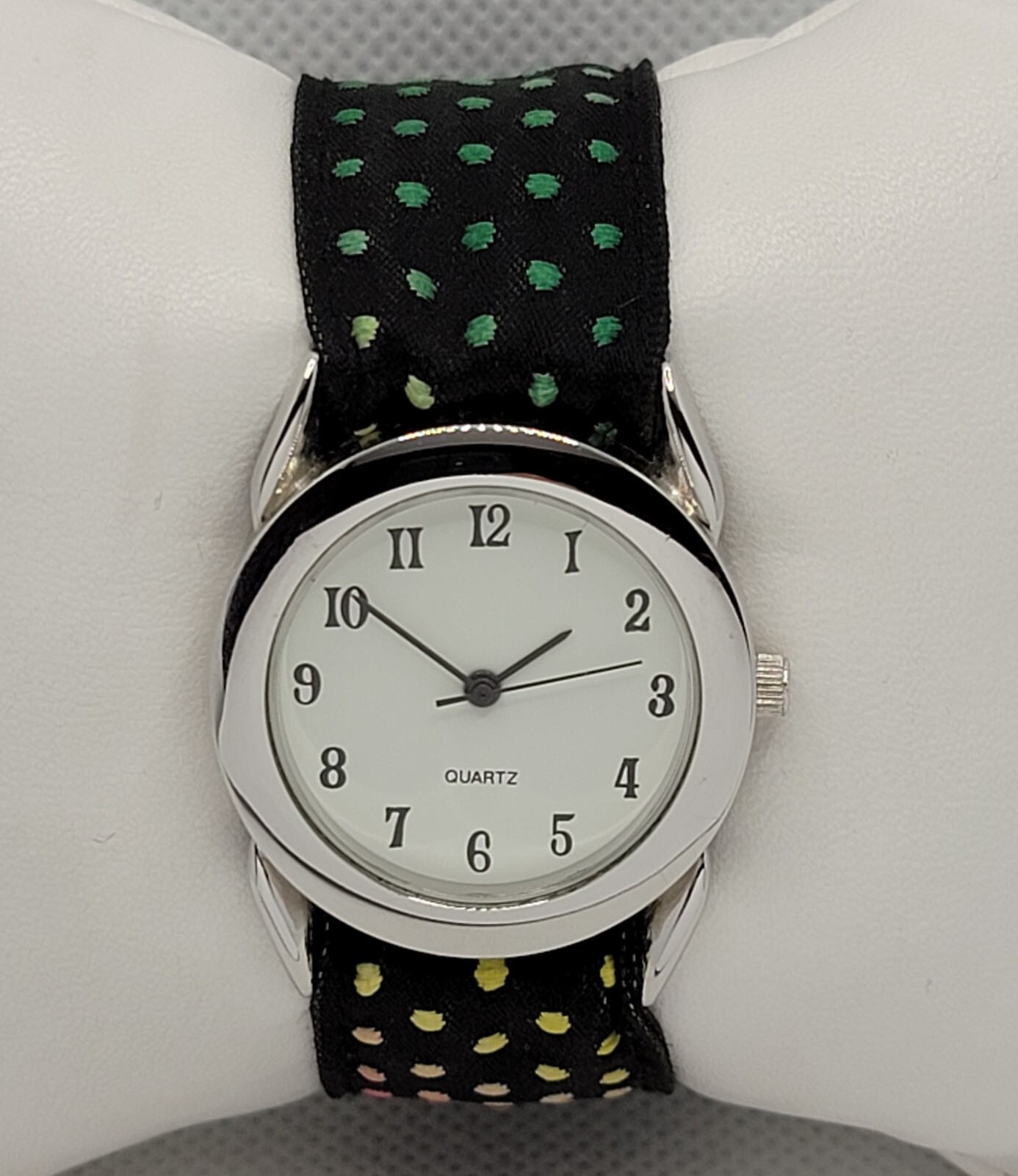 Ladies Trendy Round Silver Tone Black Multicolor Polka-Dot Nylon Band Watch J8