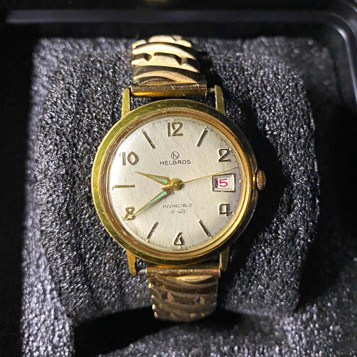 Helbros Invincible Manual Wind 17J Date Gold Tone Bracelet 33mm Silver Dial