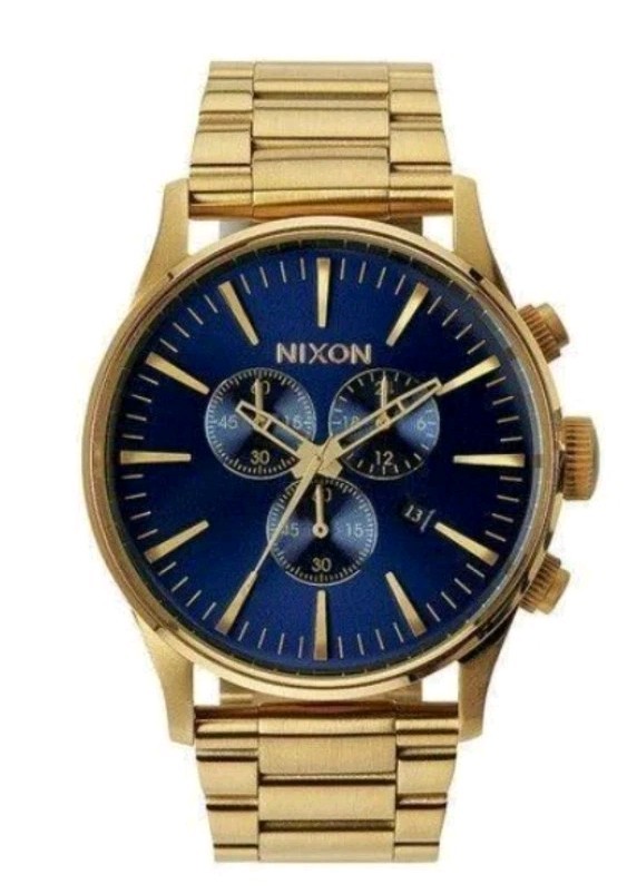 Nixon Sentry Chrono Gold/ Blue Sunray Watch A386-1922 Stainless Steel 42mm Dial