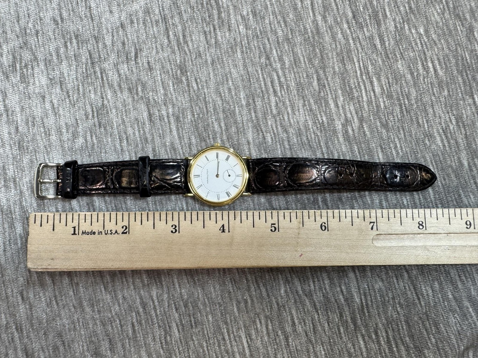Vintage Hamilton Registered Mens Watch White Dial Gold 6210 Black Leather Formal