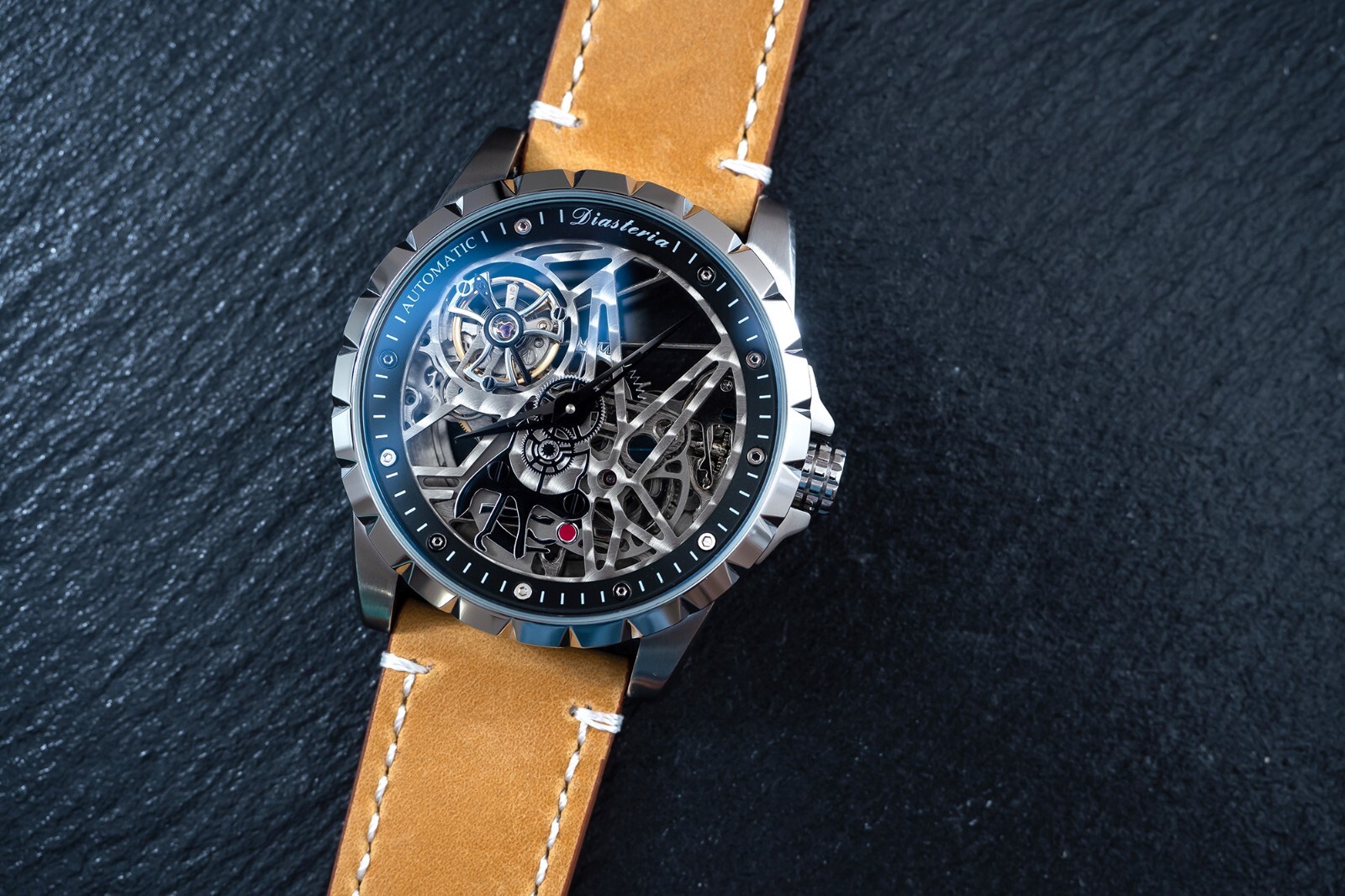 Mens Silver Automatic Mechanical Watch Yellow Brown Suede Leather Strap