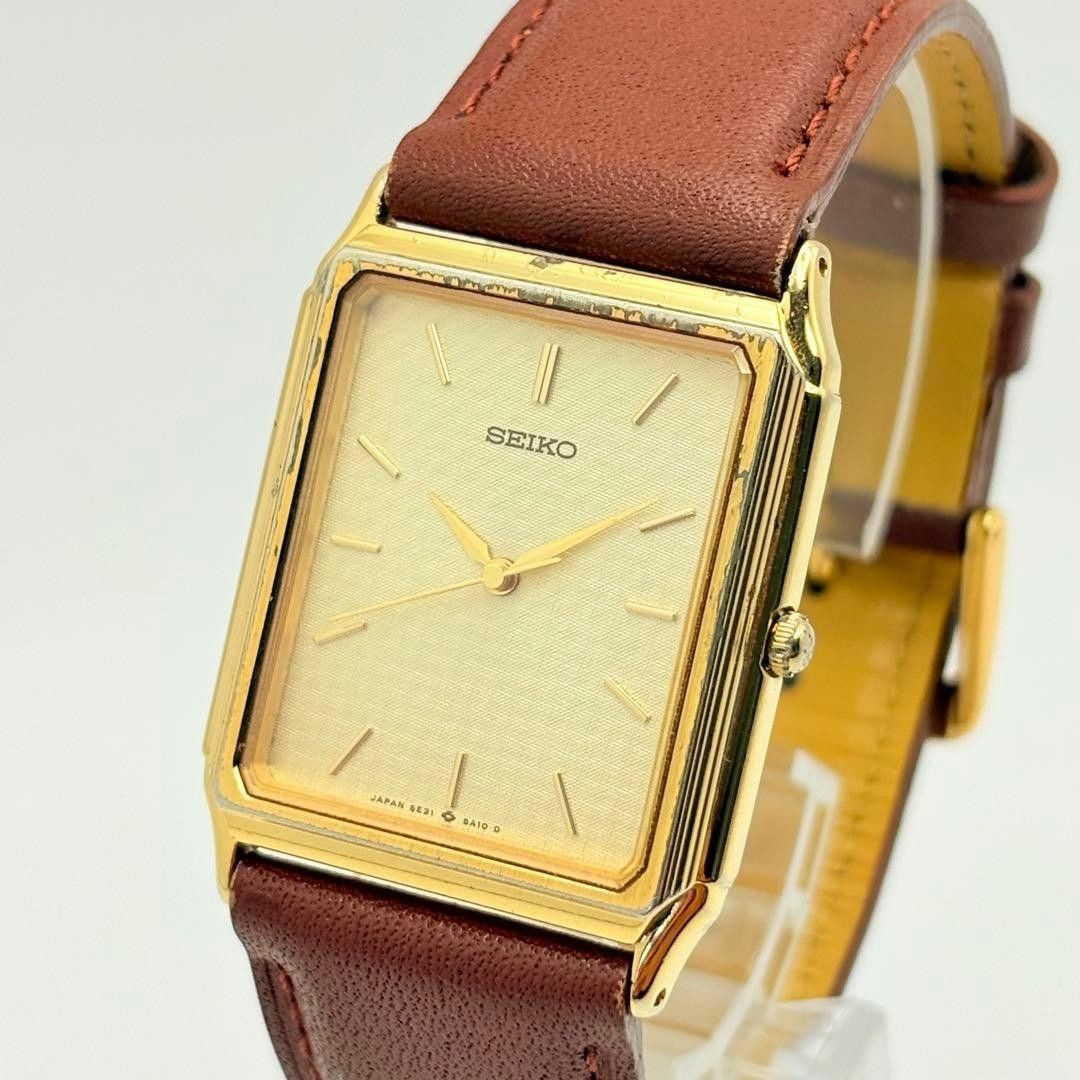 SEIKO 5E31-5A10 Square Quartz Watch Gold Dial Used