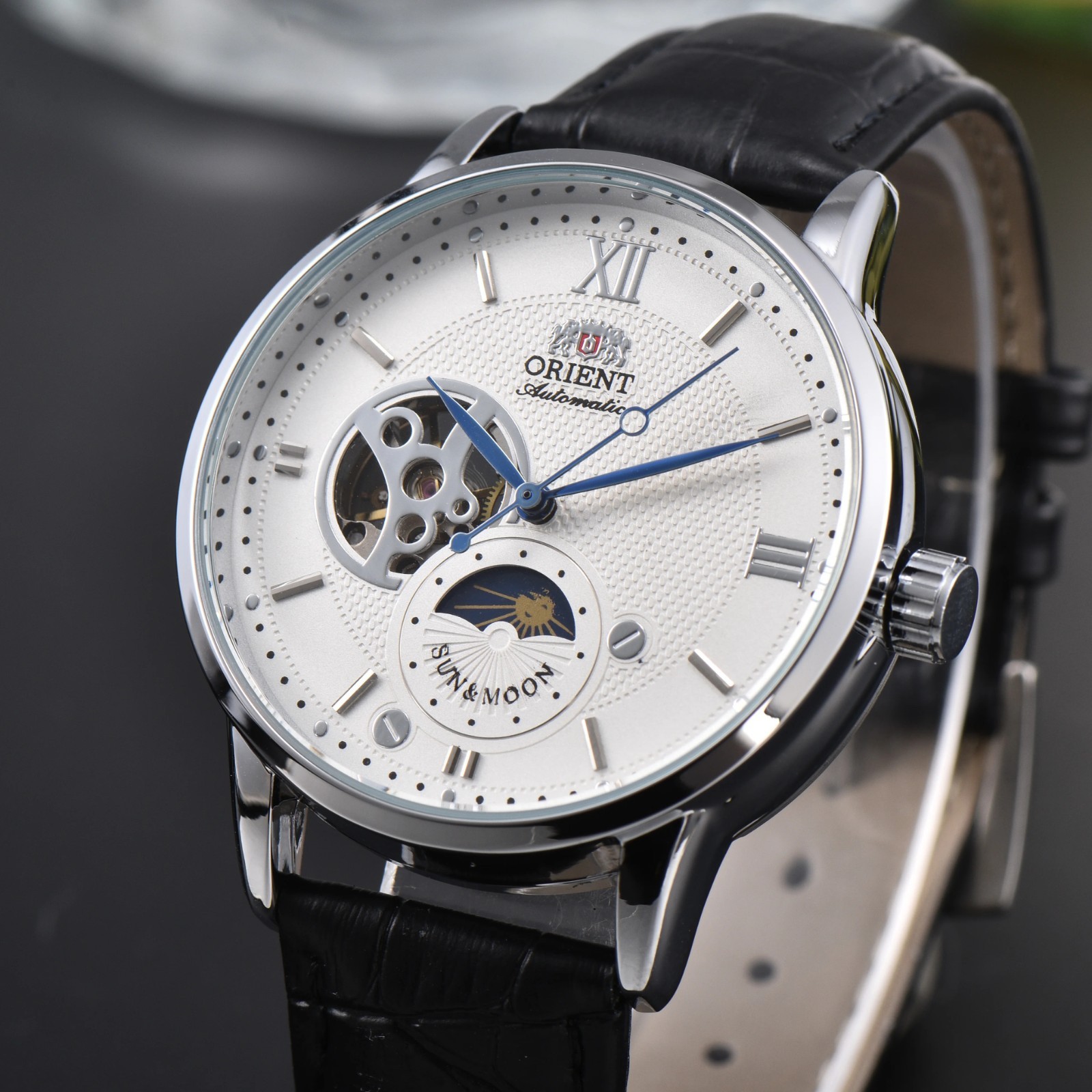 Orient Sun & Moon Semi Skeleton Automatic Men’s Watch Leather Strap Xmas Gift