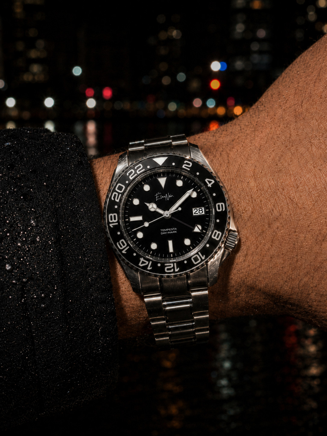 Men’s Automatic GMT Watch 41mm Black Dial Stainless Steel Élan Noir Tempesta