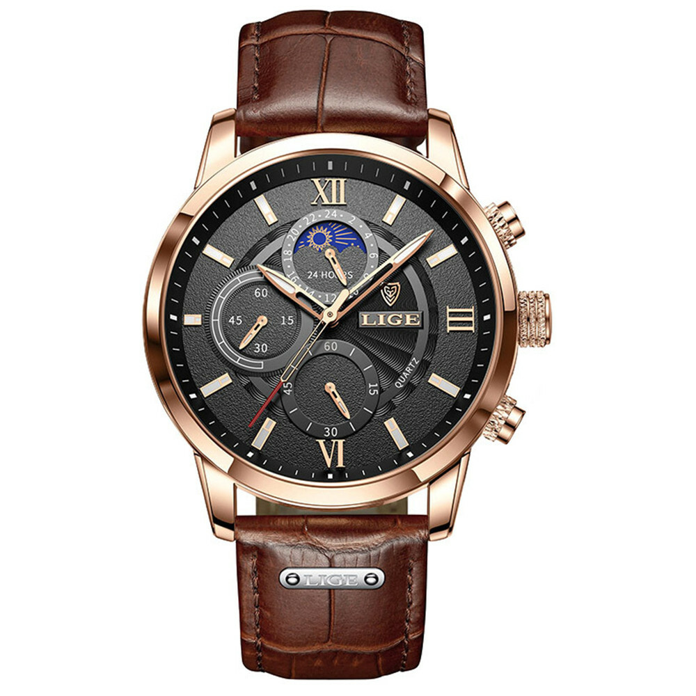LIGE Men Watch Casual Brown Leather Wristwatch Business Male Calendar Watches