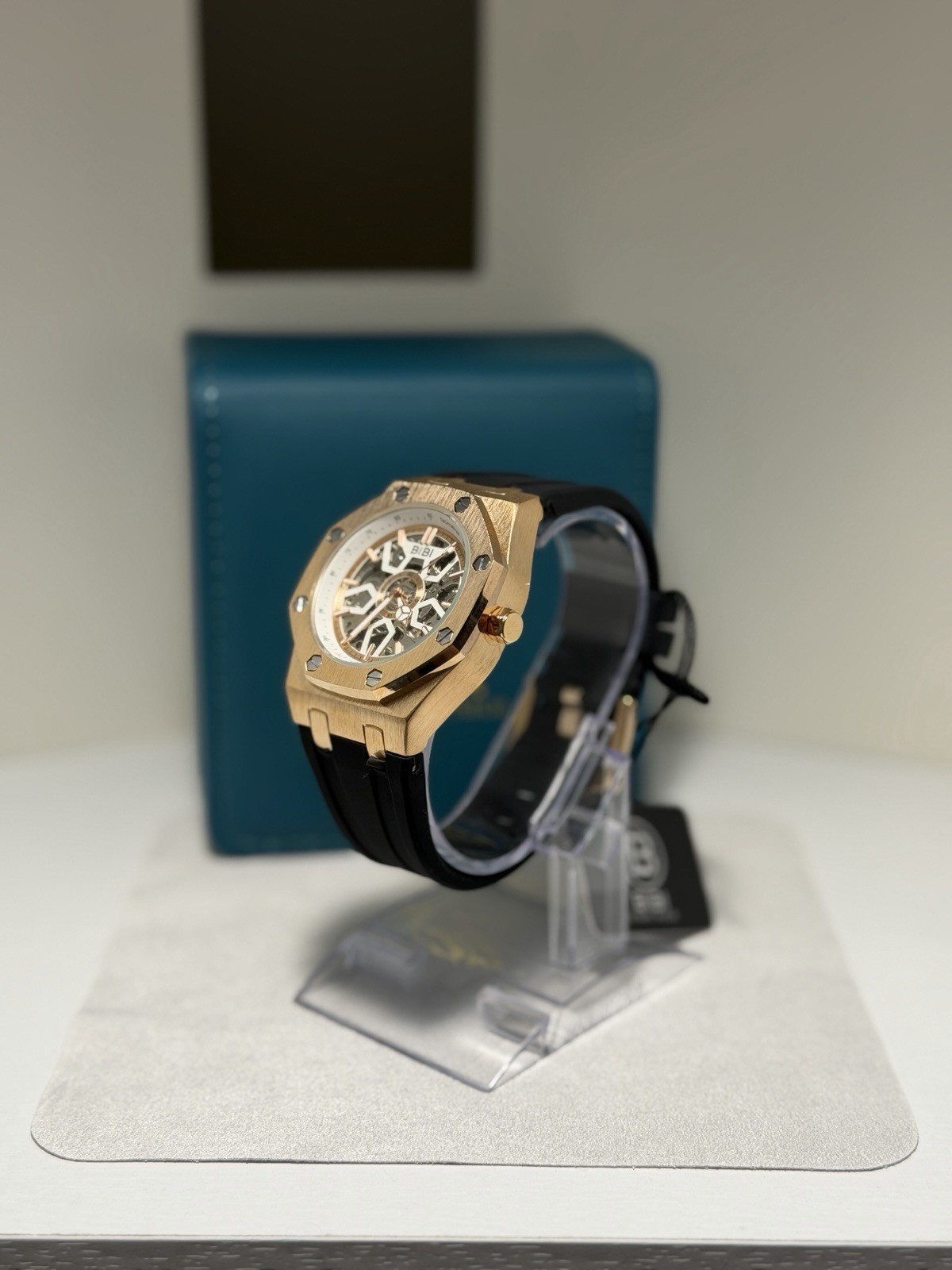BIBI Skeleton Automatic Watch Rose Gold Black Silicone Strap 41.5mm! SLEEK! NEW!