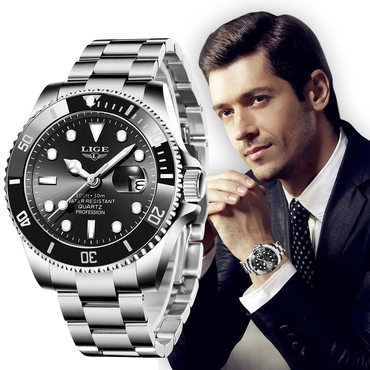 LIGE Business Men Watches Auto Date Quartz Watch Mens Stainless Steel Military M