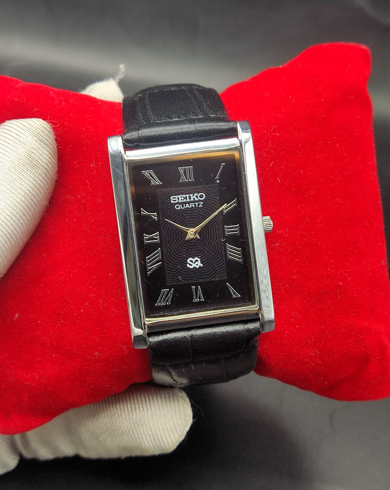 Vintage Refurbished Seiko Quartz Rectangular Black Dial Black Faux Leather Strap