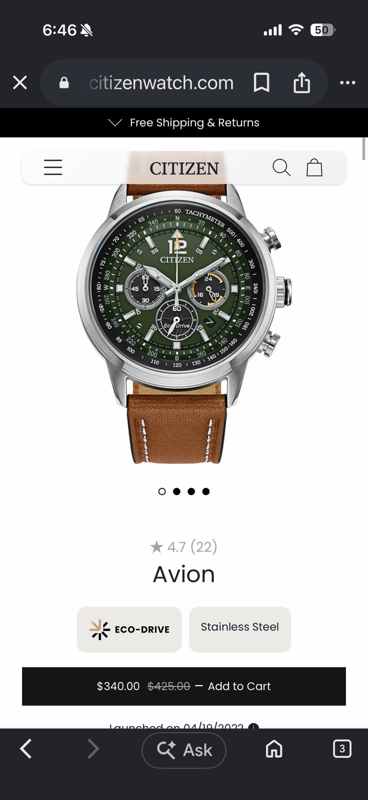 Citizen Avion Eco-Drive Green Dial Chronograph Tachymeter 100m Leather