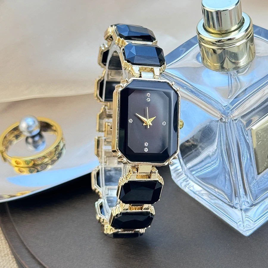 Square Case Quartz Wrist Watches for Women Faux Gem Strap Bracelet Banquet Watch