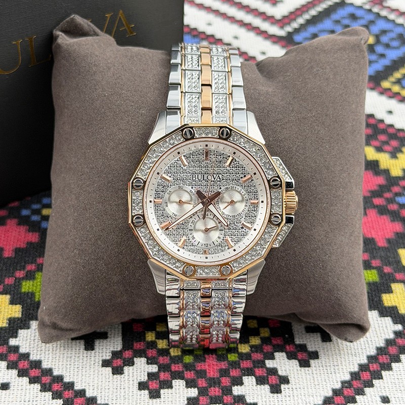 Bulova Men Crystal Octava 98C133 Rose Gold Dial Diamond Quartz Watch 41.5mm