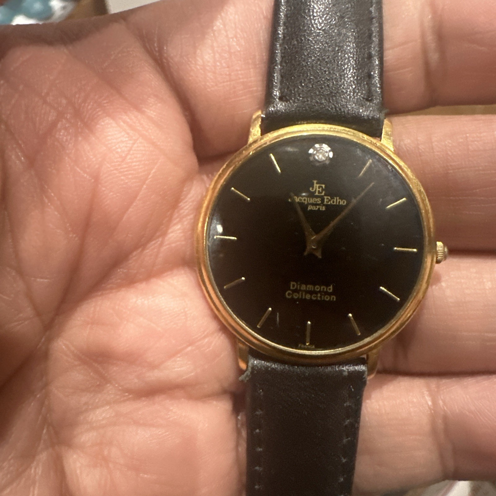 Works Jacques Edho Paris Diamond Quartz Mens watch 18K Gold Plate Black Leather