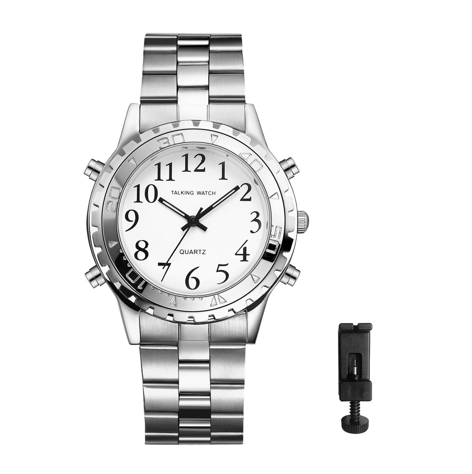 Mens English Time Talking Alarm Elderly Blind Quartz Wrist Watch Stainless Steel