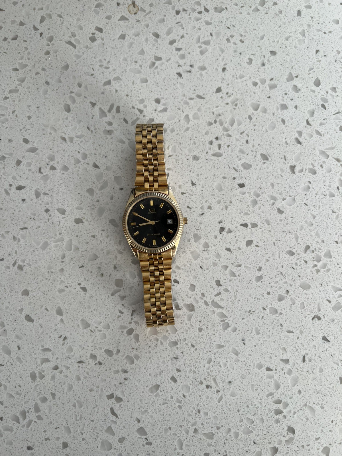 Vintage Q&Q Quartz Gold Tone Dress Watch Black Dial Date Jubilee Bracelet