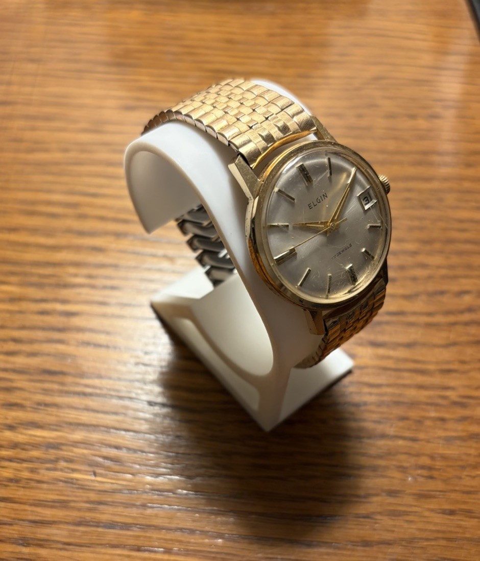 Elgin Vintage Men’s Automatic Date Watch Silver Dial Gold Bracelet 39mm