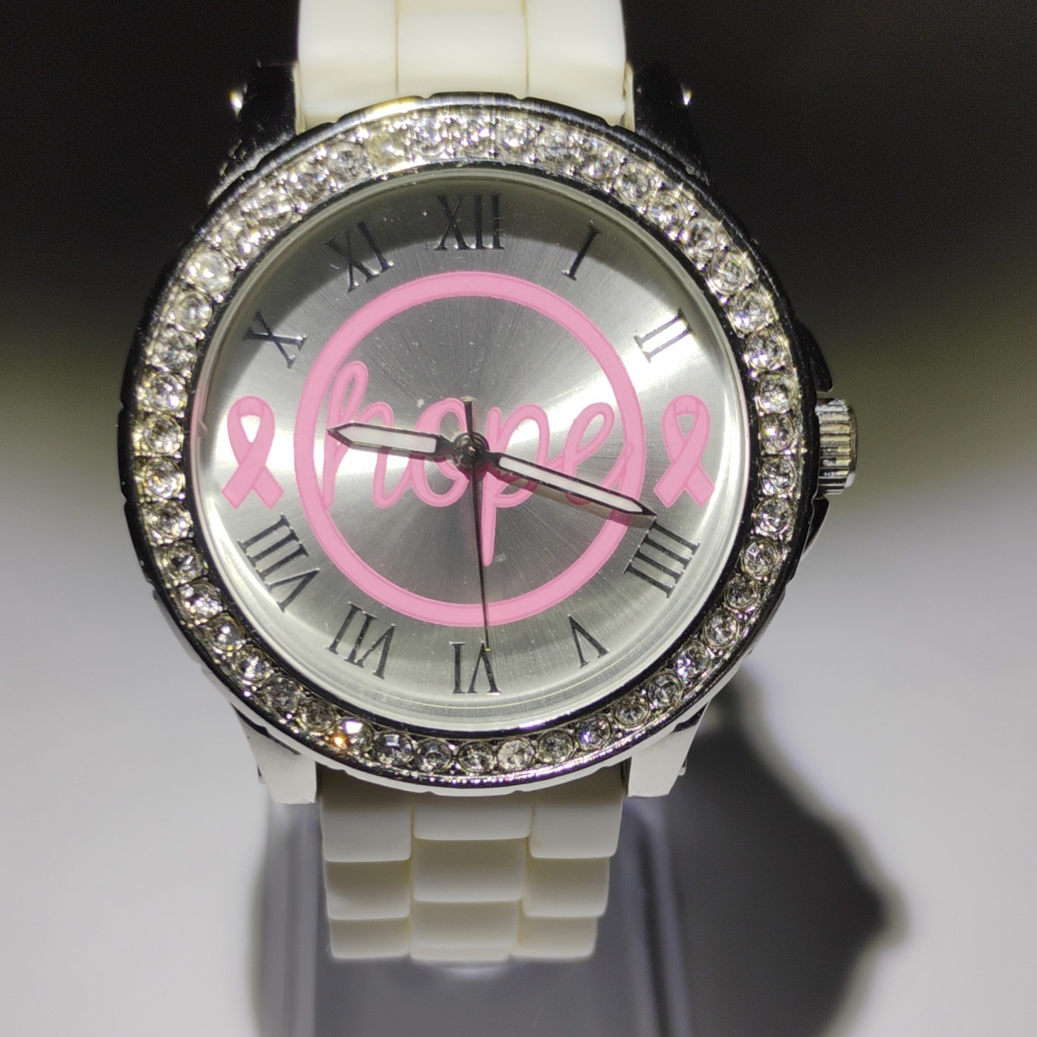 Geneva Breast cancer awareness pink hope ribbon with encrusted bezel wristwatch