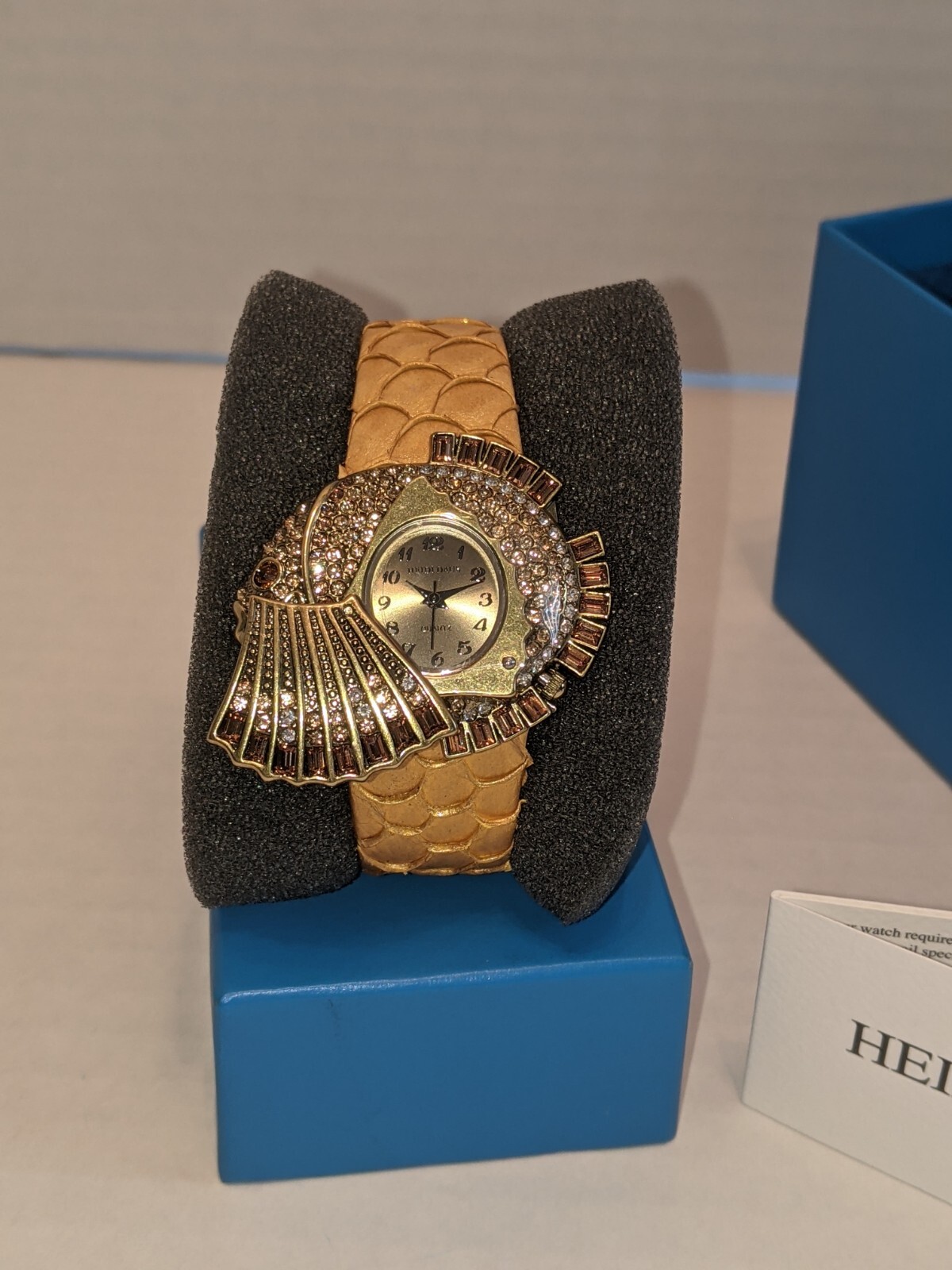 HEIDI DAUS “Gone Fishing” Crystal Covered-Dial Leather Strap Watch ~ Sand Color