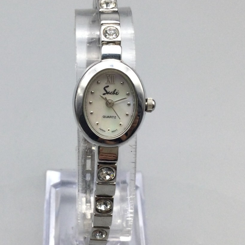 Sachi Watch Womens 17mm Silver Tone MOP Oval Dial Crystals New Battery 6.75″