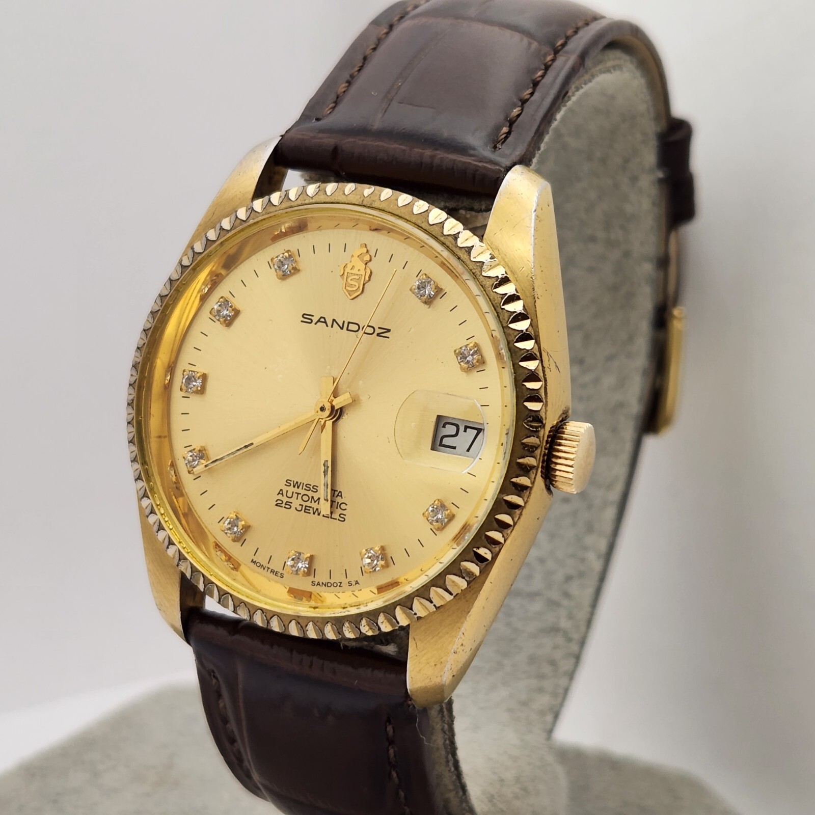 Vintage Sandoz men’s automatic watch 25Jewels diamond hour markers ETA 2824