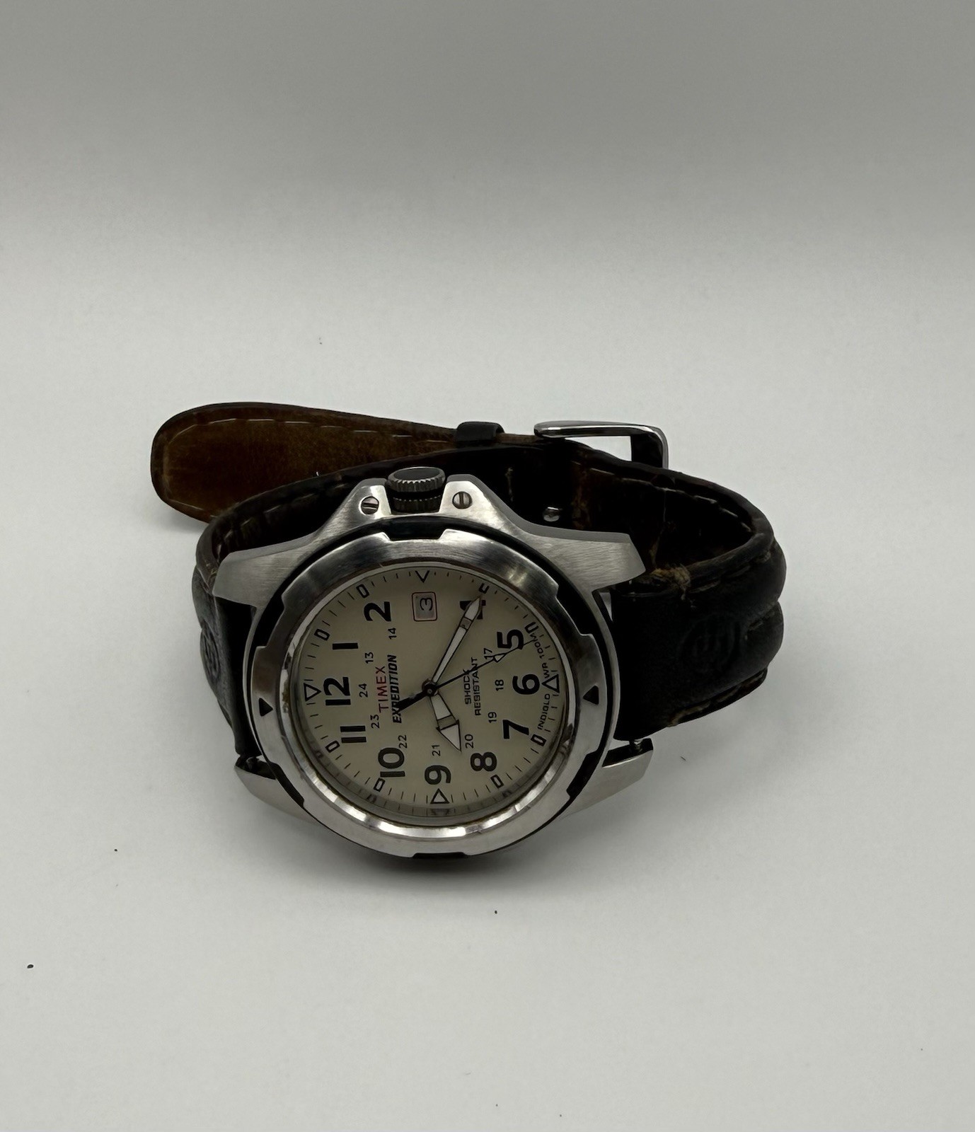 Timex Expedition Mens Quartz Analog Beige Dial Date Black Leather Strap 100m
